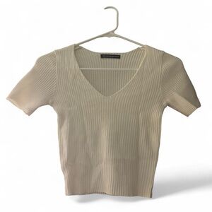 Brandy Melville Cream Ribbed V-Neck Tee